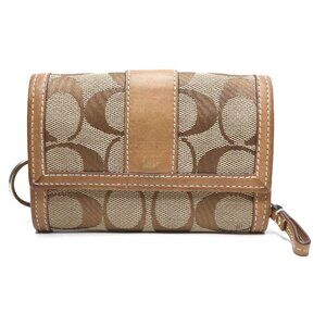 COACH Signature Y2K Canvas Bi Fold Wallet Khaki Brown Leather Trim Coins Keyring